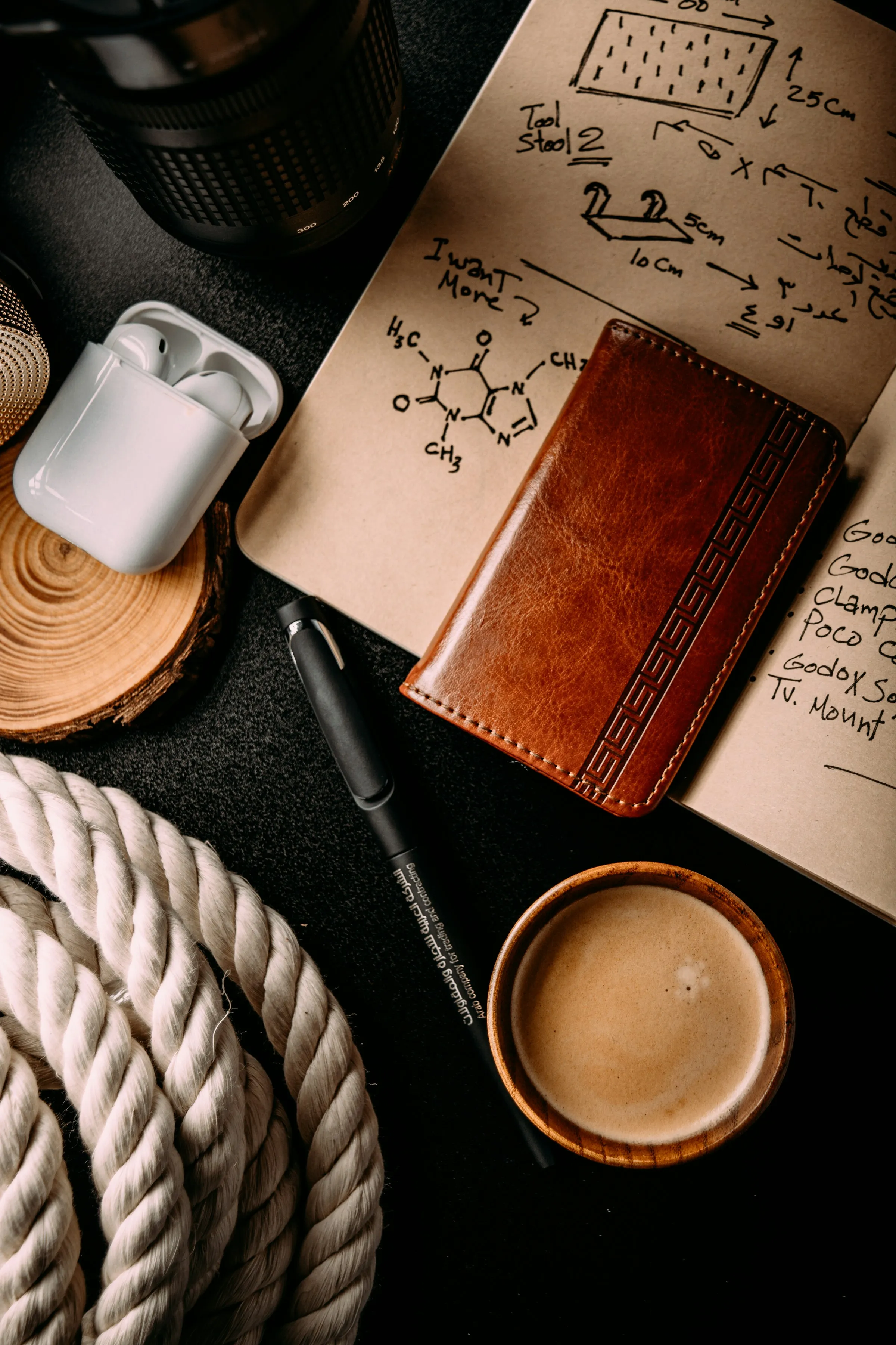 Notebook, pen, and coffee on a desk